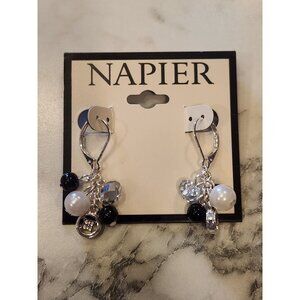 Napier Silver-Tone Drop Earrings With Black Pearl & Clear Beads For Women